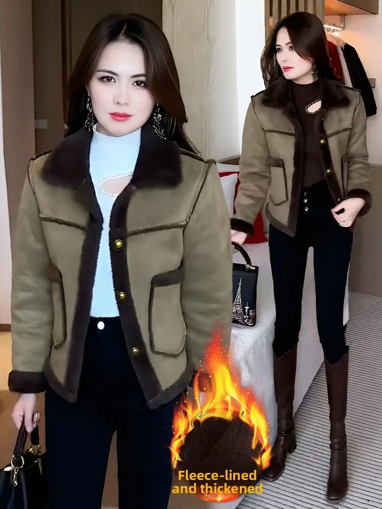 Damen Fce gefütterter Thiened ort Jaet Winter New Sle Faionable Leder und Pelz Inteated Mantel Europäische Größe Klein