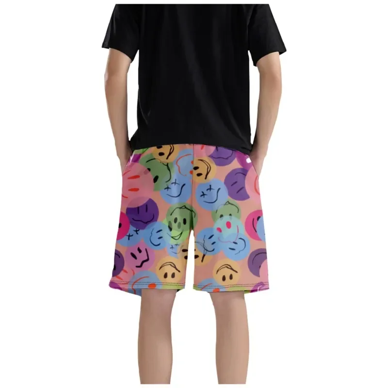 Men's Smile Faces Printed Waist Shorts Polyester Quick Dry Breathable Trendy Shorts Beach Board Shorts For Men