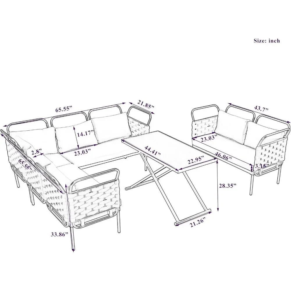 5-Piece Modern Patio Sectional Sofa Set Outdoor Woven Rope Furniture Set with Glass Table and Cushions