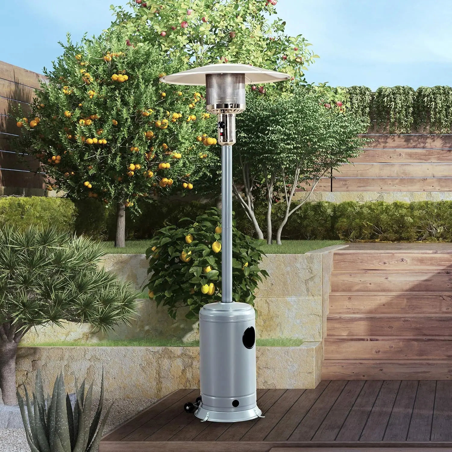 47,000 BTU Avanti Outdoor Portable Propane Heater for Patio and Garden with Safety Auto Shut Off Valve and Wheels, Silver