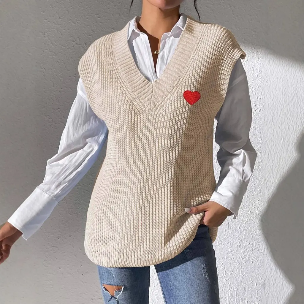 レディース Vネック 刺繍入り ラブステッカー セーターベスト 欧米風 春秋 シンプルデザイン