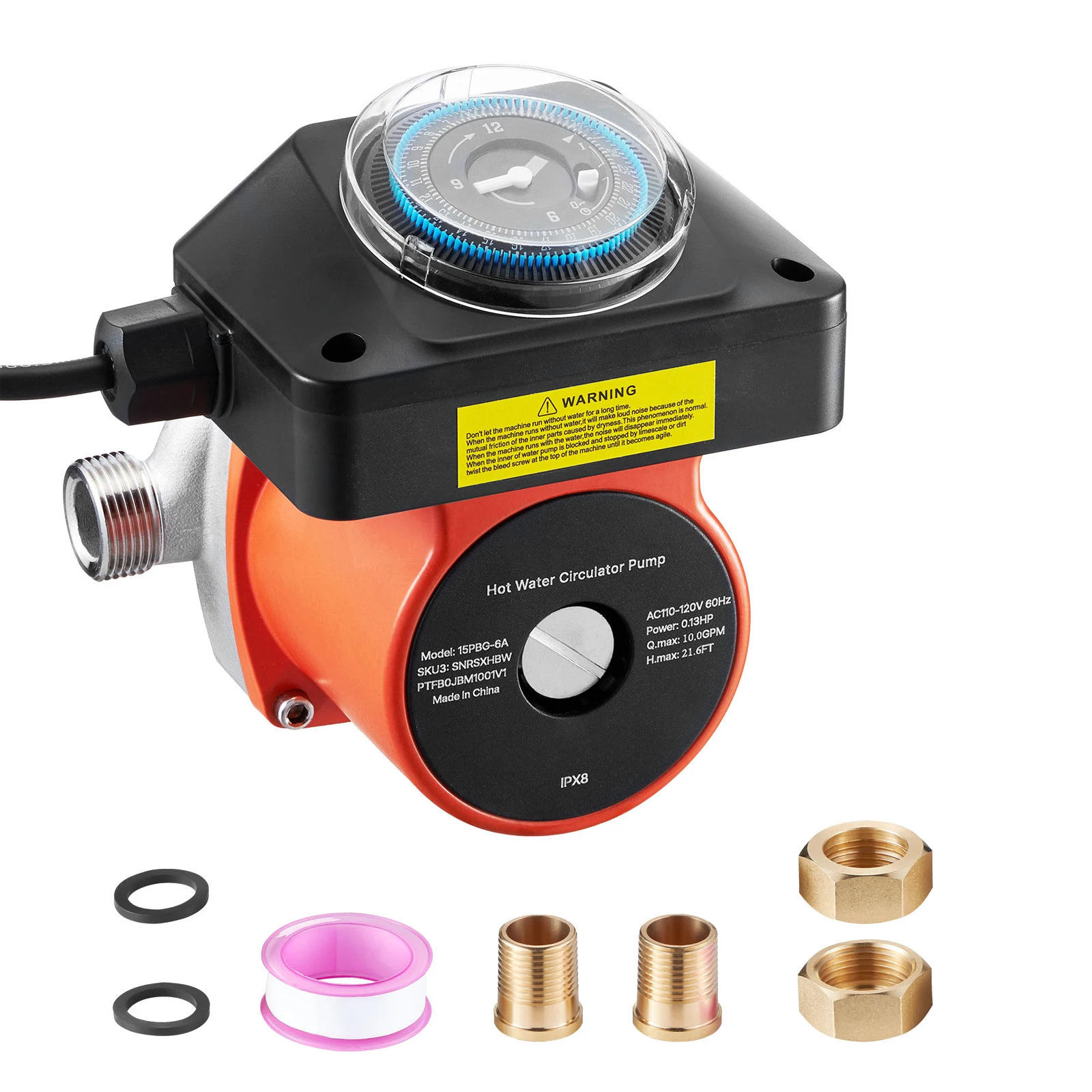 SucceBuy 10 GPM Hot Water Recirculating Pump with Timer 0.13 HP AC 110-120V Circulation Circulator System for Solar Water Heater