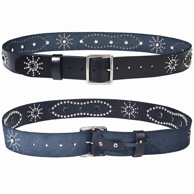 Men's Fashion 4.5cm Wide Genuine Leather Belt First Layer Cowhide Imitation Turquoise Inlay Rivet Punk Belt For Jeans