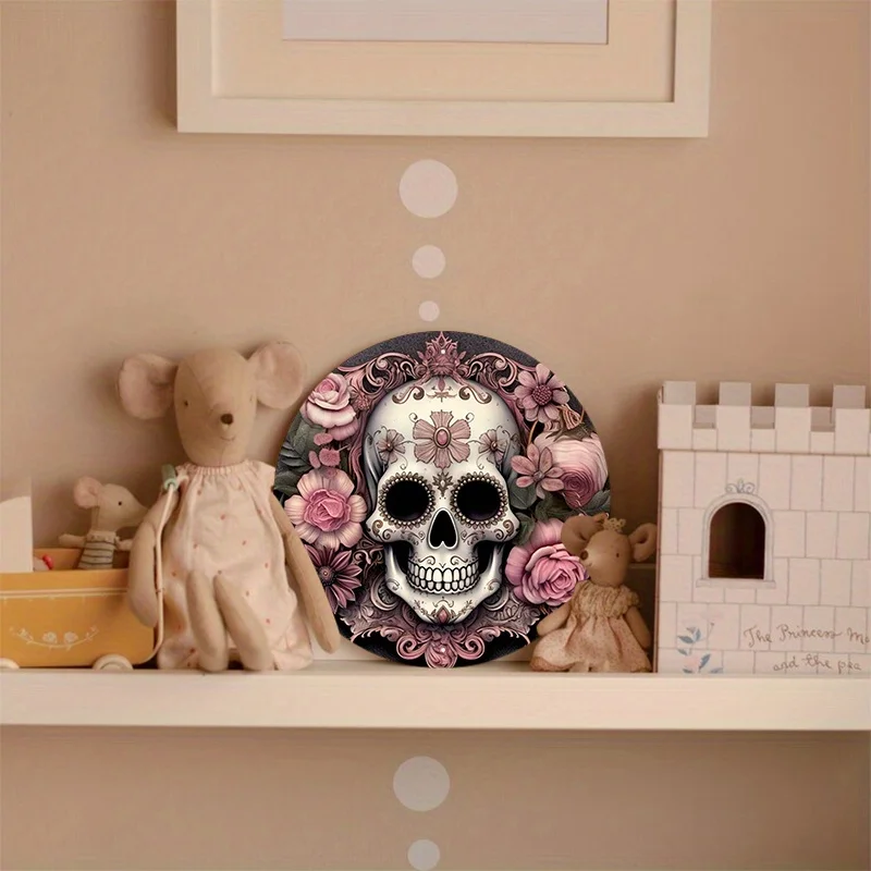 Dark Gray and Black Aluminum Metal Sign, Sugar Skull Wreath Attachment with Floral Pattern, Wall Art, Home Decor, 8x8Inch, 1Pc