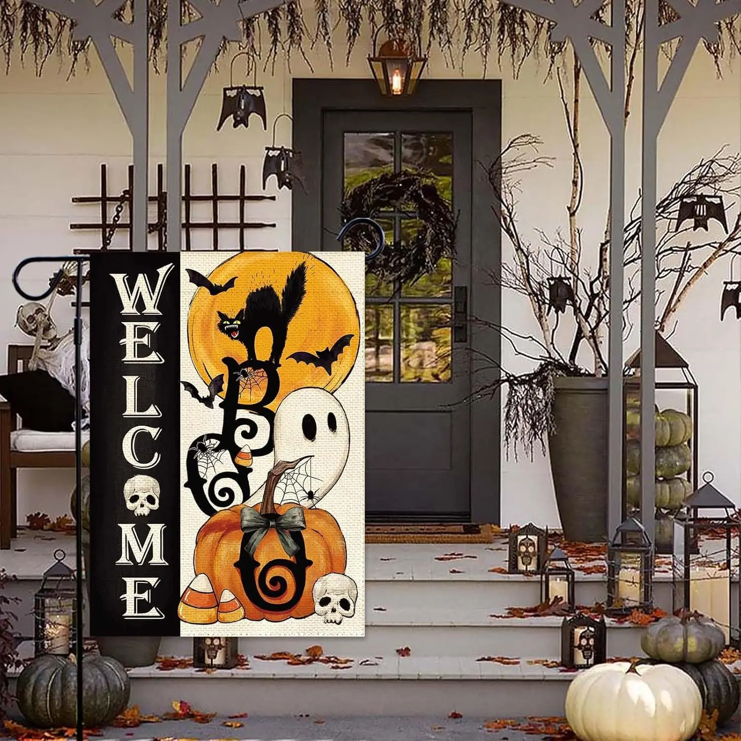 Baccessor Halloween Garden Flag 12.5 x 18 Inch Double Sided Boo Ghost Welcome Burlap Moon Pumpkin Black Cat Yard Flag Holiday Se