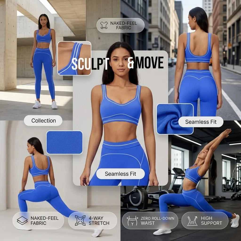 Luxury Premium Seamless Yoga Sports Bra Women Padded Square Neck Wide Strap Crop Top High Support Gym Activewear Contrast Piping
