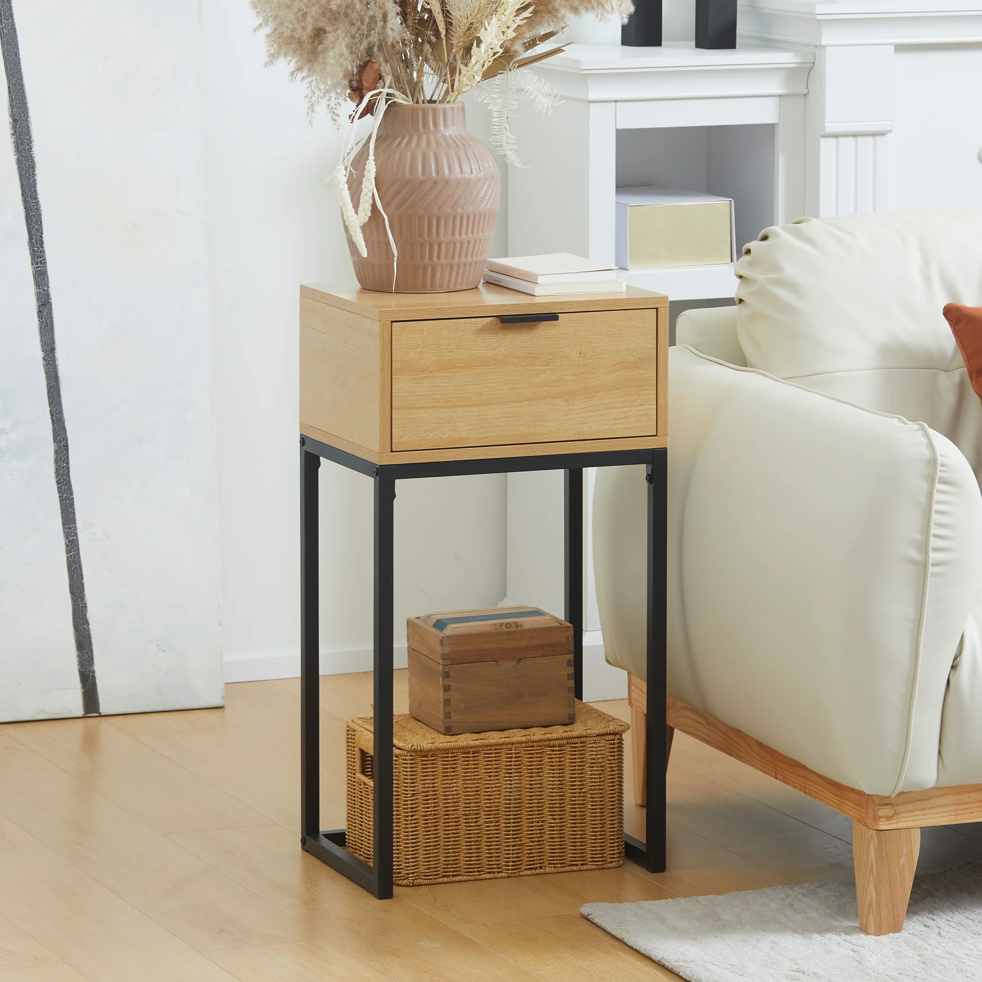 HOMCOM Mesa Auxiliar con Cajón y Patas de Acero para Pasillo 40x30x76 cm Natural