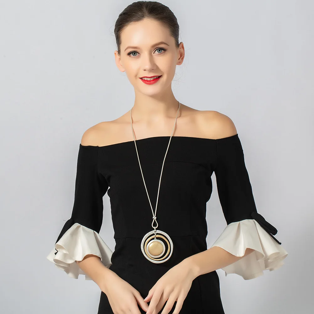 Sweater chain long chain foreign trade new round contrasting color retro simple women's high-end pendant necklace