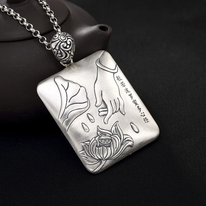 Classics 925 Silver Hollow Heart Sutra Square Men's Pendant Charms Simple Retro Necklaces Banquet Accessories Jewelry