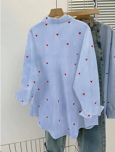 Imagen 2 del producto Comercio exterior transfronterizo, camisa de manga larga a rayas europea y americana, estilo de desplazamiento de otoño para mujer, camisa azul, cardig