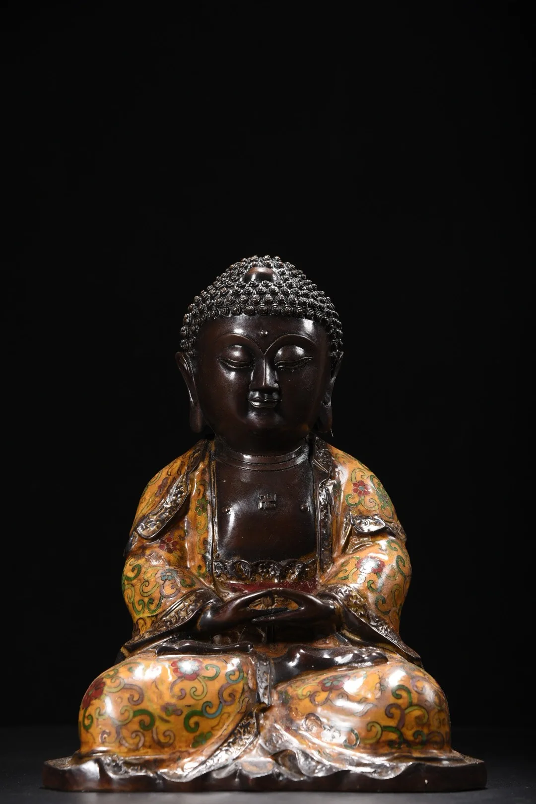 

12"Old Xizang Folk Collection Old Bronze Cloisonne Enamel Baby Buddha Sakyamuni Sitting Buddha Worship Hall Town house