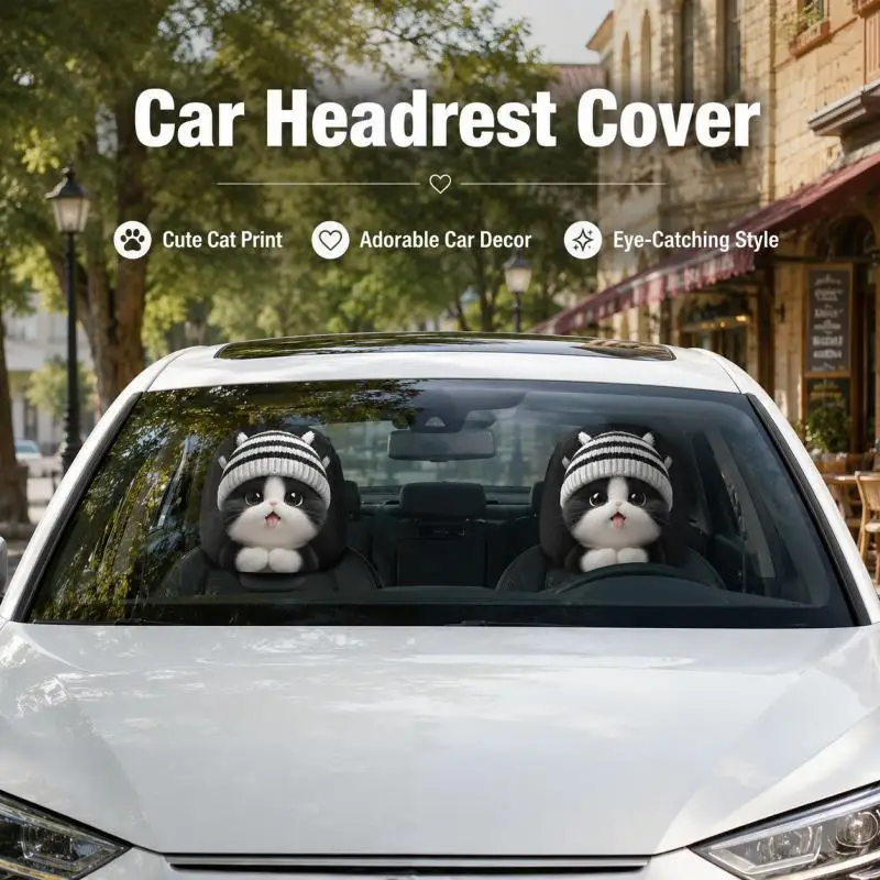 Cute Cat Car Headrest Covers, 2D Double-Sided Print Universal Stretch Car Interior Decor