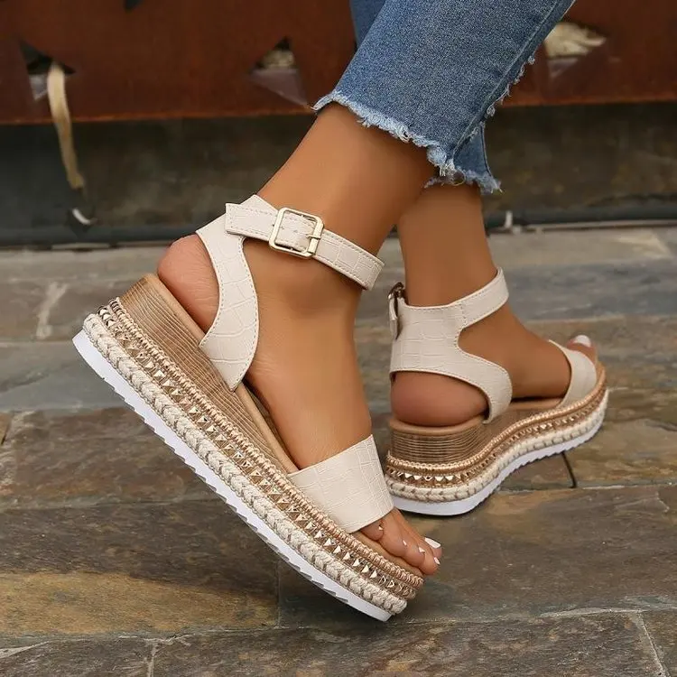 Clogs Wedge Buckle Low Sandals Woman Leather Shoes Lady 2024 Summer Heels Suit Female Beige Large Size Platform Low-heeled New S