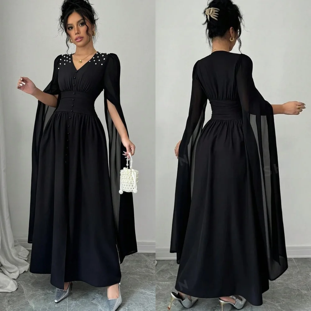 Customized Elegant Sizes Available Chiffon Pearl Pleat Beading Draped A-line V-neck Midi Dresses Bespoke Occasion Dresses Modern