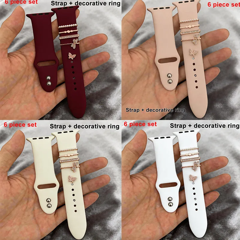 6-pack - silicone strap + decorative ring suitable for Apple Watch strap 44mm 46 45 42 41 40mm series 11/10/9/8/7/6/5/4 SE band