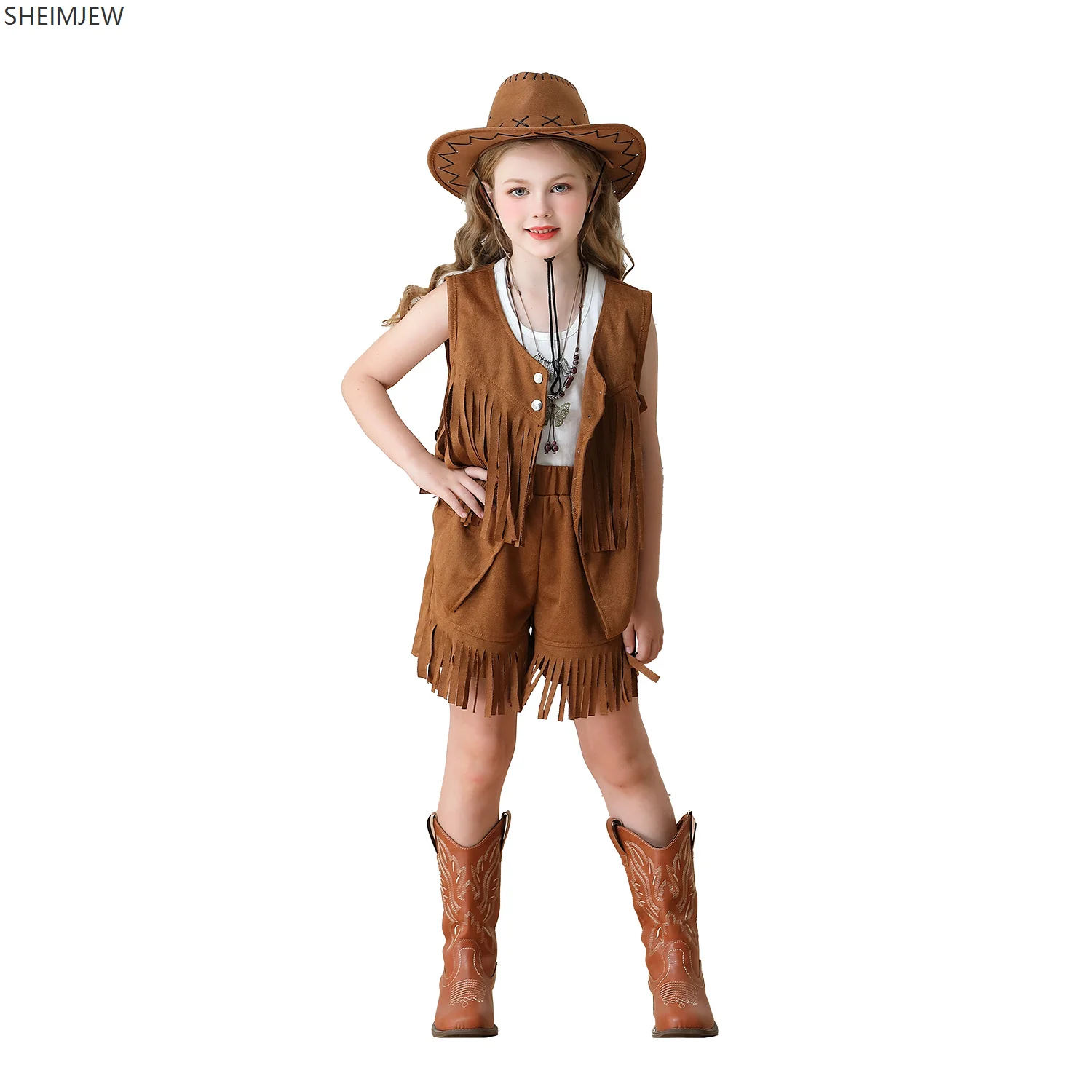 

Cosplay Children's Carnival Tassel Vest Bohemian Style Medieval Retro Deerskin Western Denim Shorts Girls Hippie Costume 2025
