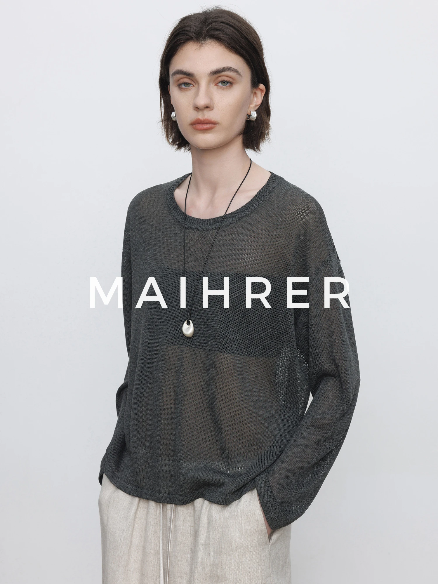 

Maiher round Ne Knitted Long Sve T-irt Women's Loose Fit Casual Thin Spring Top Polyester Viscose Blend Regular Length