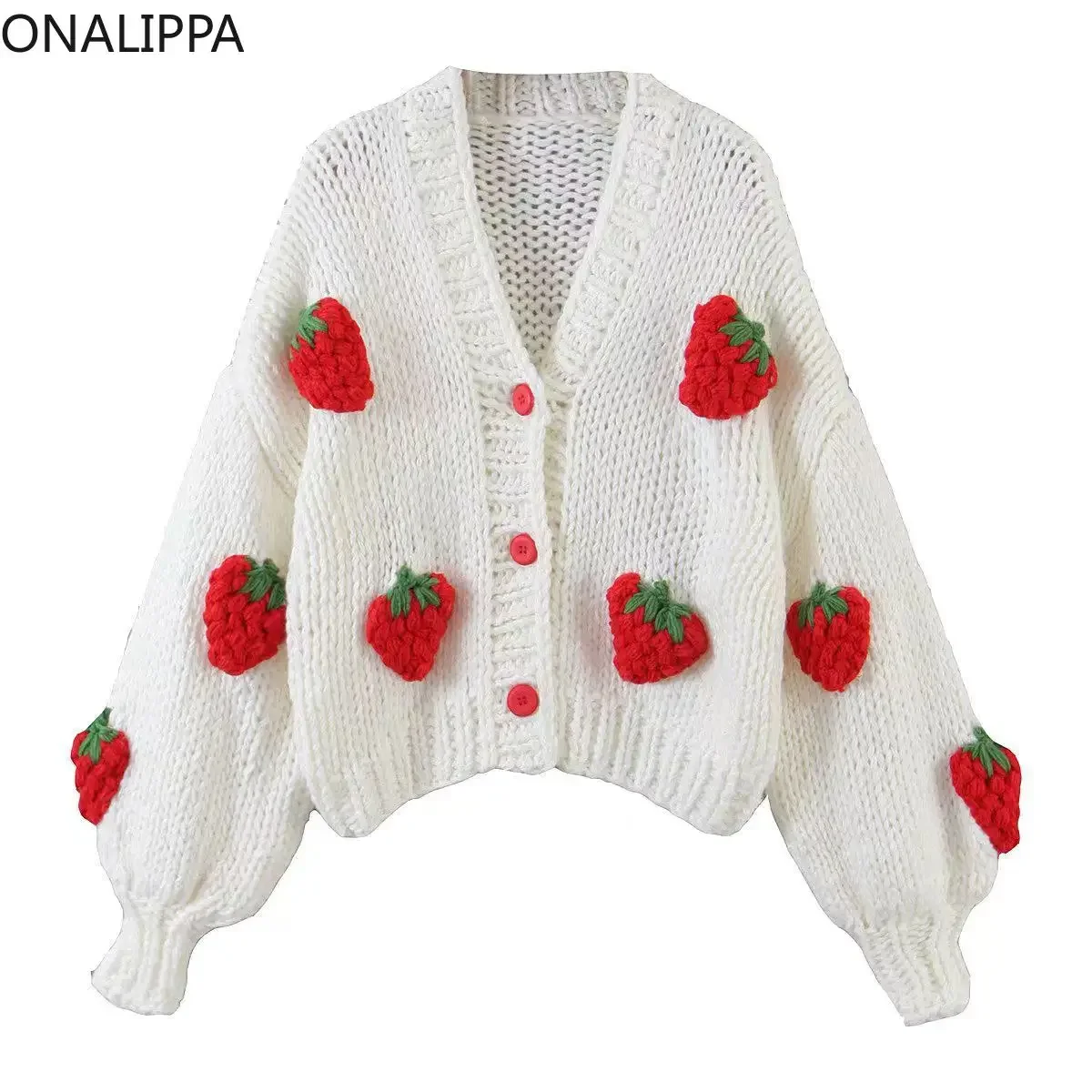 Onalippa Thick Needle Strawberry Knitted Cardigan V Neck Single Breasted Loose Cardigans Korean Long Sleeves Sweet Sweater