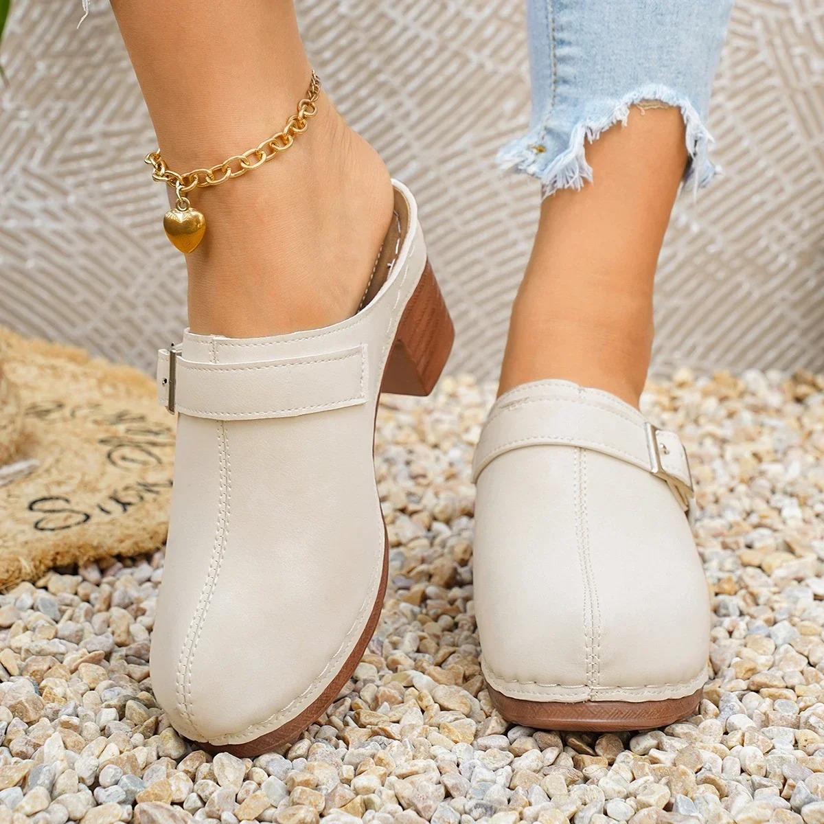 Damen Mules Pantoletten mit hohem Blockabsatz, geschlossene Zehenpartie, zum Hineinschlüpfen, Vintage, Sommer, lässig, bequeme Gehschuhe, Größe 36-43 – Detail 23