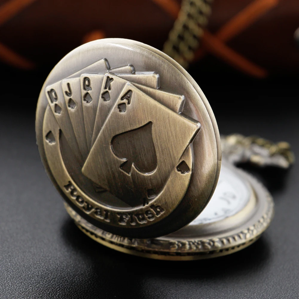 

Vintage Charm Royal Poker Embossed Unisex Fashion Quartz Steam Punk Pocket Watch Necklace Pendant with Chain Gift CF1280