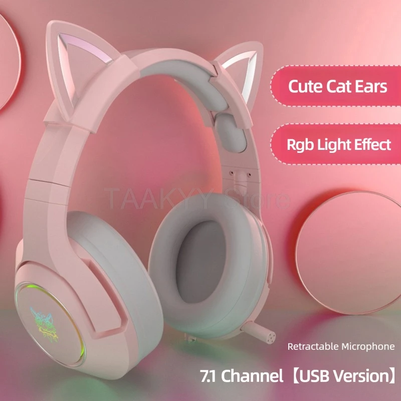 

Wired Over-Ear Gaming Headset with Cat Ear Design Pink for PC and Mobile E-sports oriented Noise-Canceling 7.1 Channel Cute