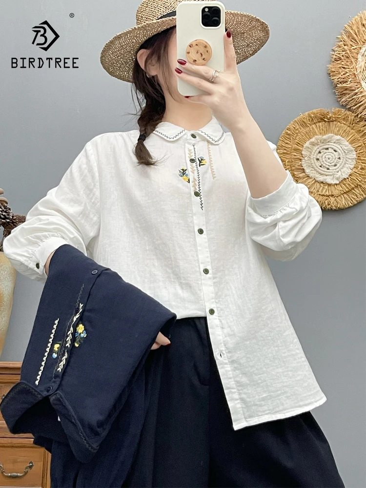 

New 2026 Summer Women Cotton Yarn Long Sleeve Shirt, Lapel Embroidery, Mori Girl Age Reduction Casual Thin Loose Blouse T66462CC