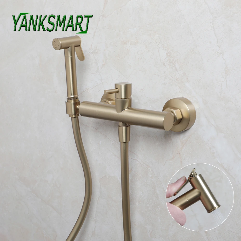 YANKSMART Brushed Gold Bidet Faucet Brass Wall Mounted Shower Sprayer Head Torneira Set Hot and Cold Water Tap Toilet Faucets