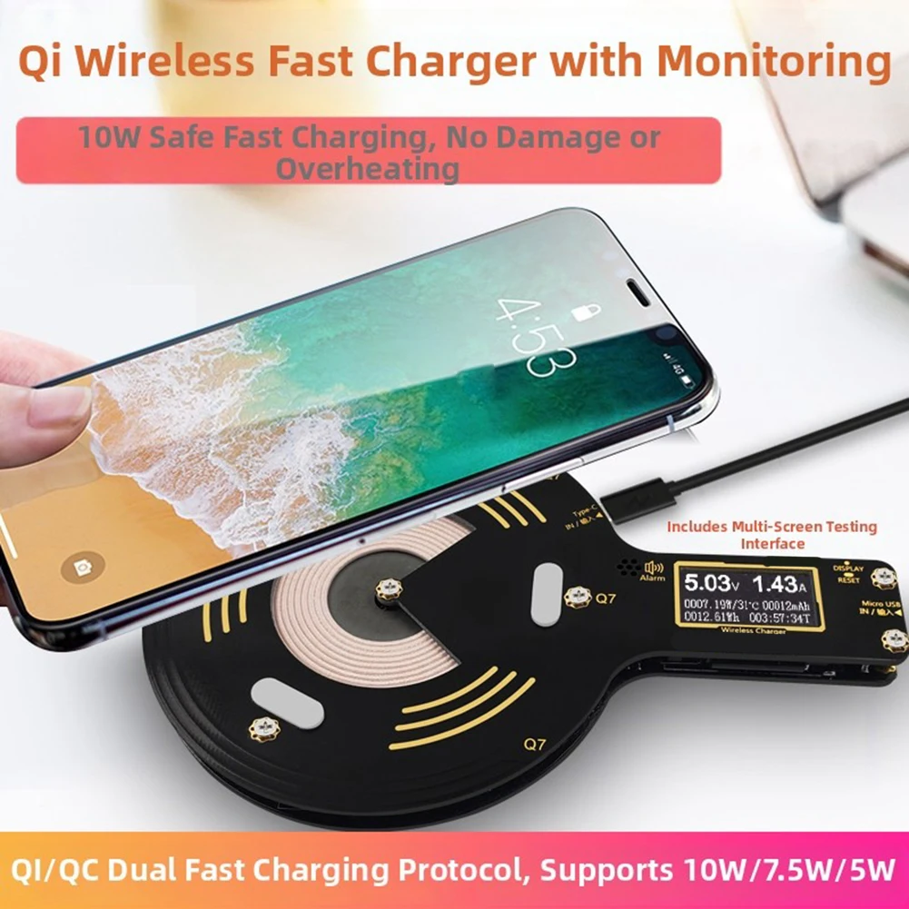 USB Fast Charging Parameter Tester with Wireless Charging and LCD Display for Real-Time Monitoring on Compatible Mobile Devices