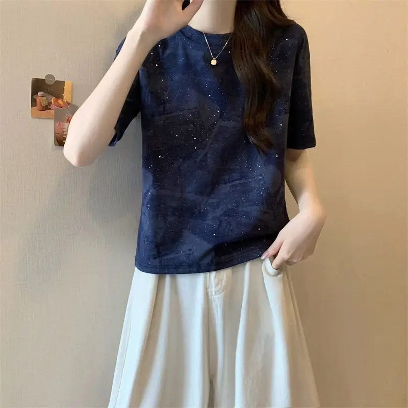 T-shirt z krótkim rękawem dla kobiet z przodu na ramię American Summer New Retro Contrast Top