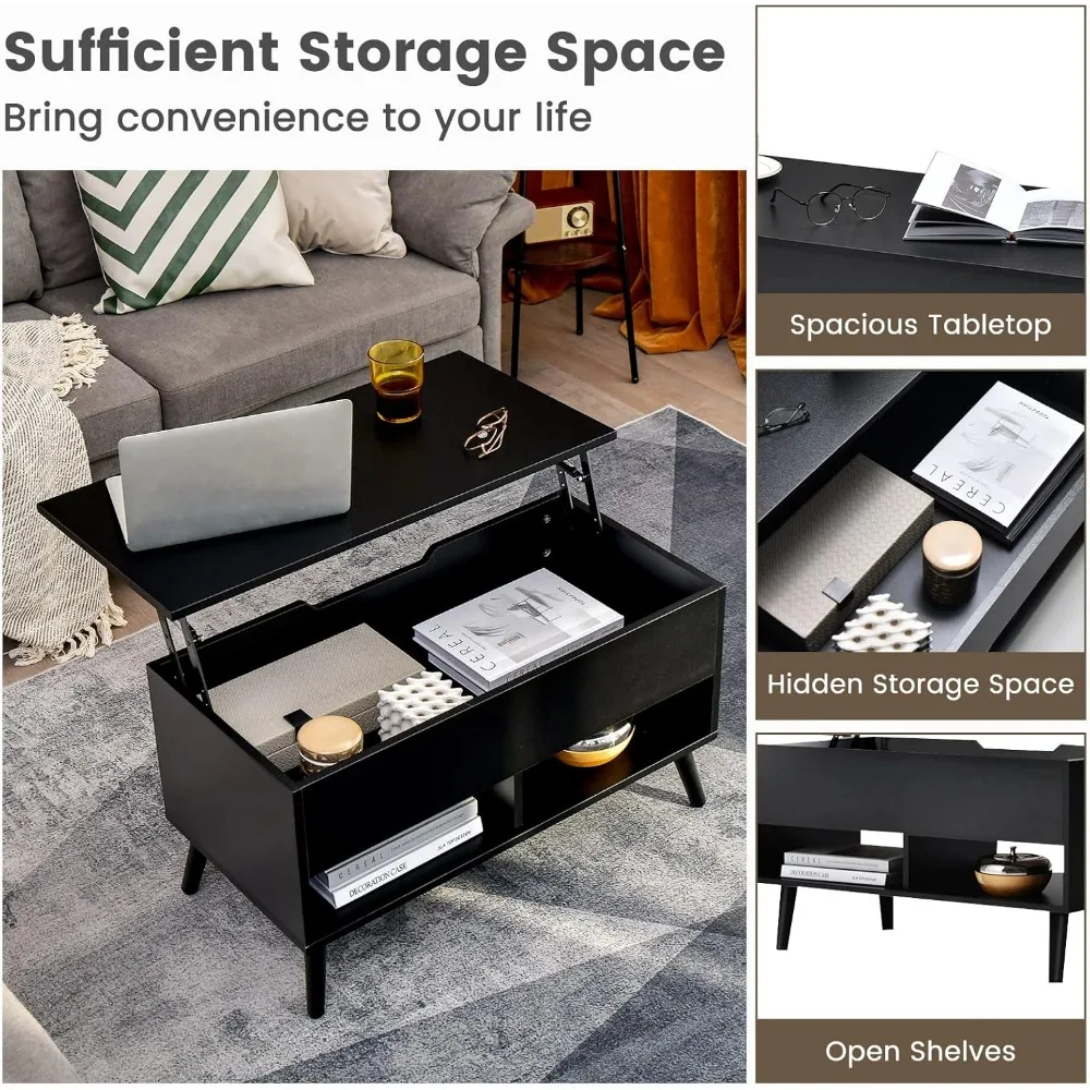 Lift Top Coffee Table, Modern Cocktail Table w/Hidden Compartment & 2 Open Shelves, Flip Top Center Table