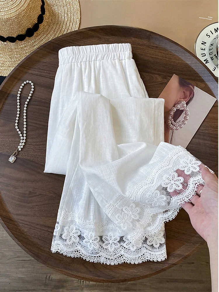 

Casual Loose Women's Linen Wide Leg Pants Spring Summer Lace Trimmed Hollow out Straight Cut Breathable Comfortable High Waist