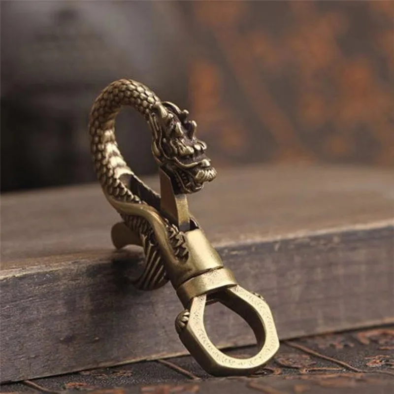 Vintage Copper Dragon Figurines Small Ornaments Retro Brass Animal Car Key Chains Crafts Office Desk Decorations Accessories