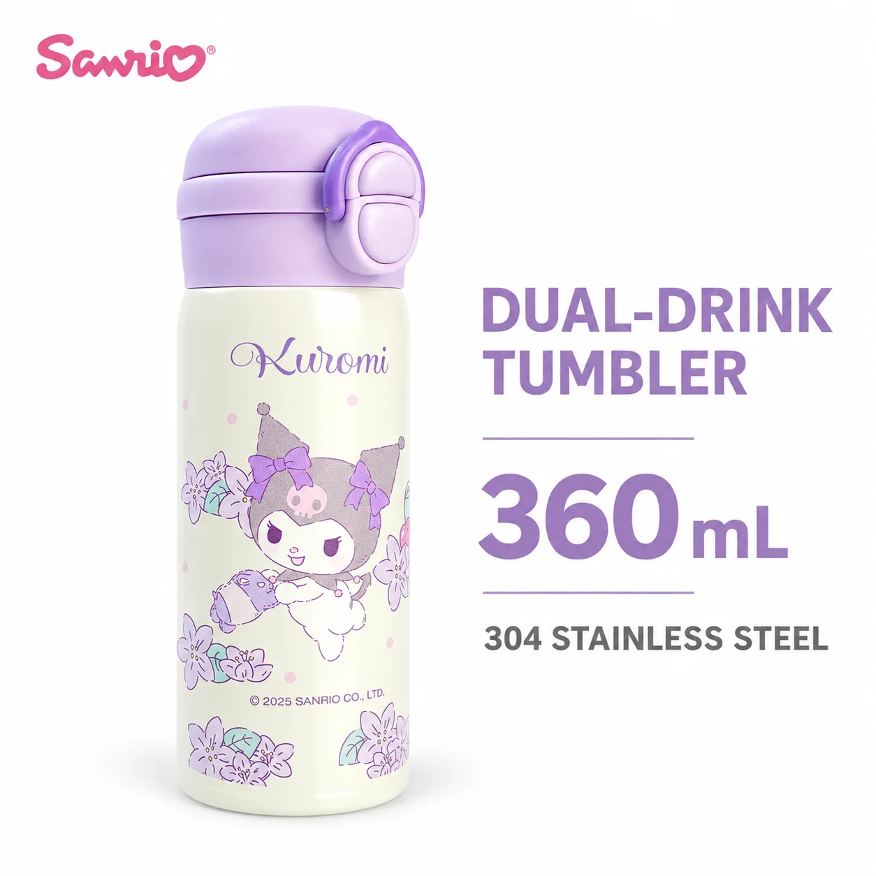 MINISO Kuromi 304 Stainless Steel Insulated Tumbler 360mL With Straw Water Bottle Portable Travel Cup School Office Outdoor