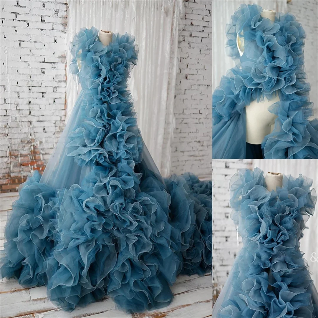 

Maternity Baby Blue Prom Dresses Sleeveless Multilayered Ruffles Evening Dress Custom Made Photography Celebrity Long Party Gown