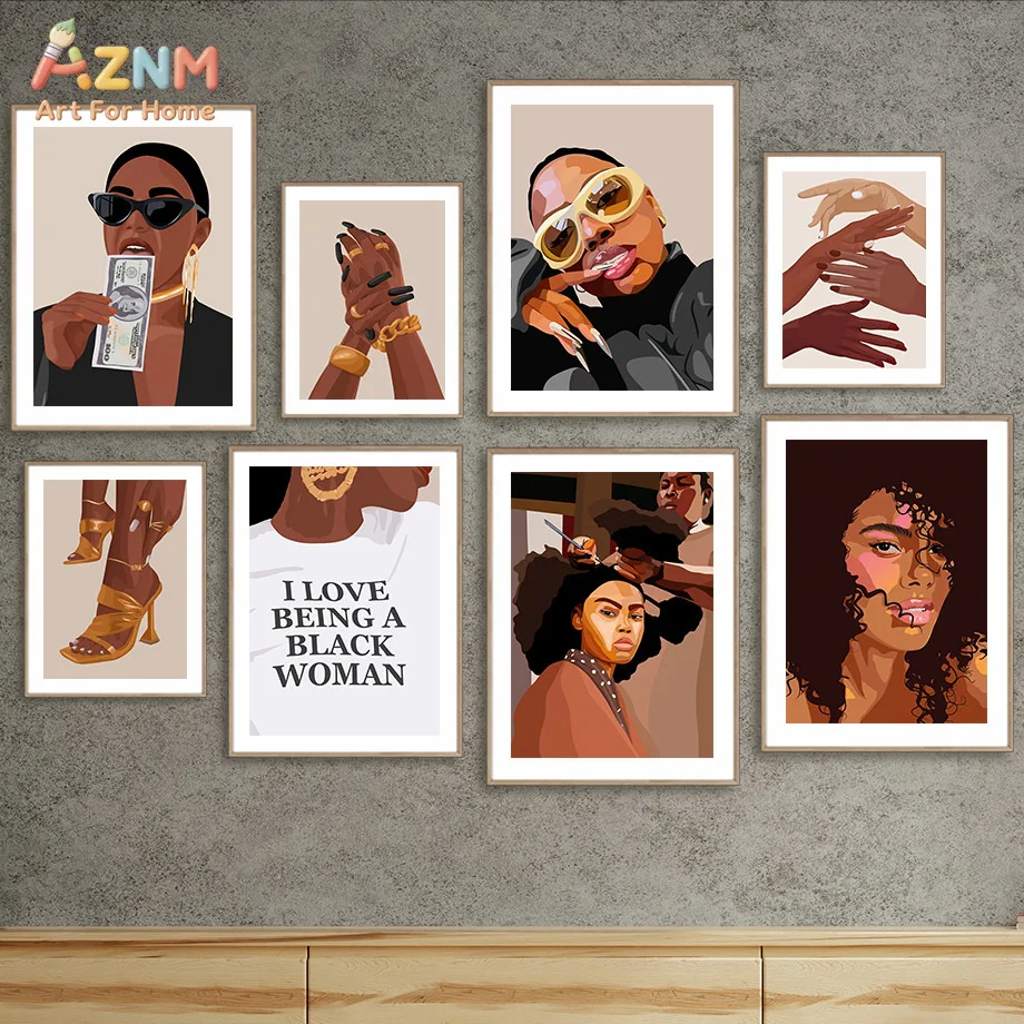 AZNM Melanin Black Woman Canvas Print Gold Jewelry Dollar Hairstylist Positive Black Pride Text Fashion Female Portrait Wall Pos
