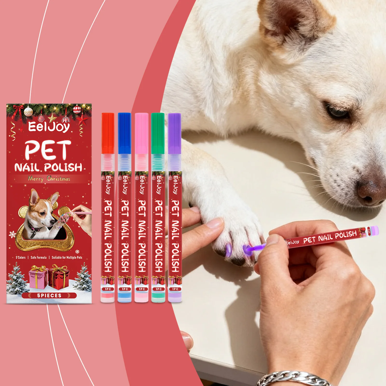 

Pet Nail Art Pen Kit Safe Gentle Christmas Design for Dogs Cats Non-Toxic Polish with Sticker Glitter Easy DIY Grooming Gift Set