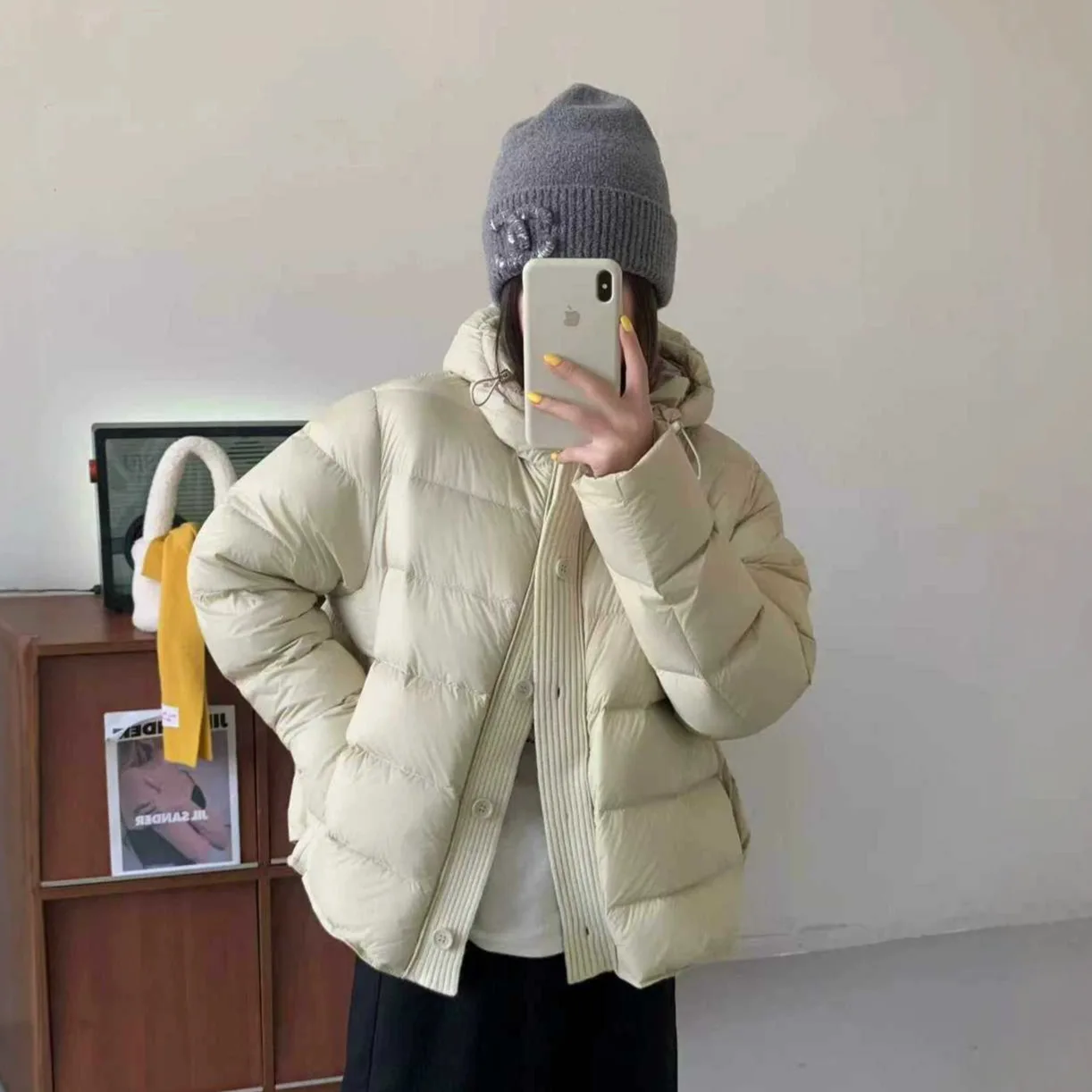 Winter Knit Splicing Hooded Down Jacket Female Warm Thick Cold Proof Jacket Women White Duck Down Single-breasted Short Outwears