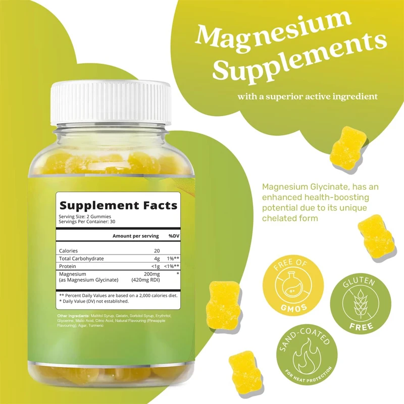 Magnesium gummies - suitable for adults and children to relax, relieve stress, and sleep - delicious pineapple flavor