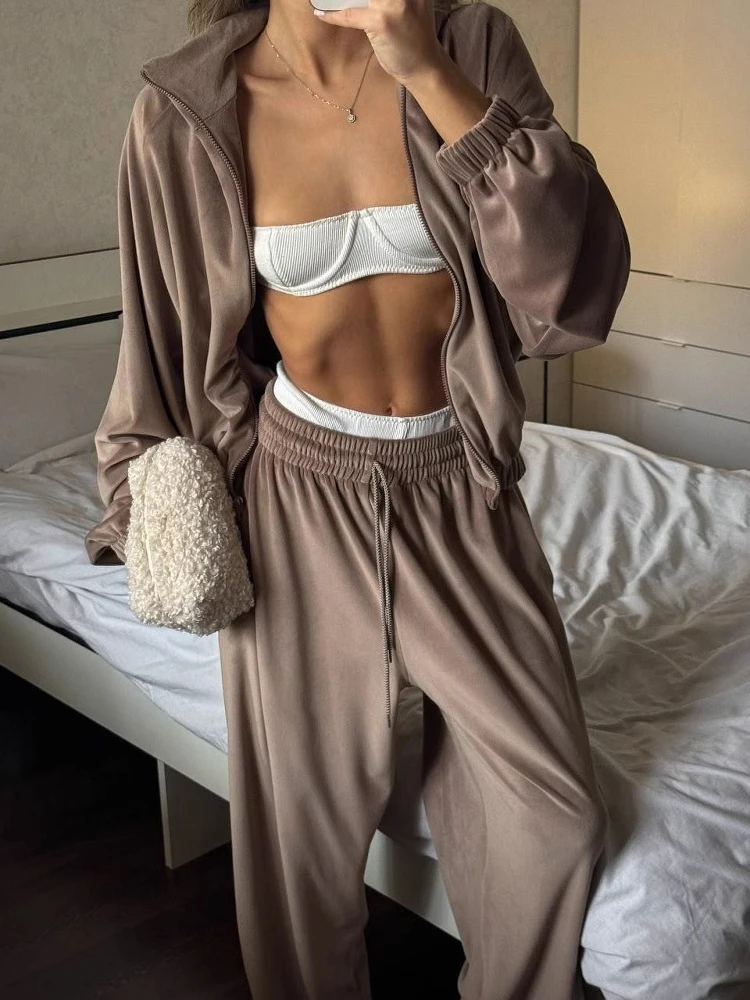 

Новинка: Весенне-осенний вельветовый костюм для женщин, модные брюки с высокой талией на молнии и шнурке, комплект из двух предметов, женский спортивный костюм