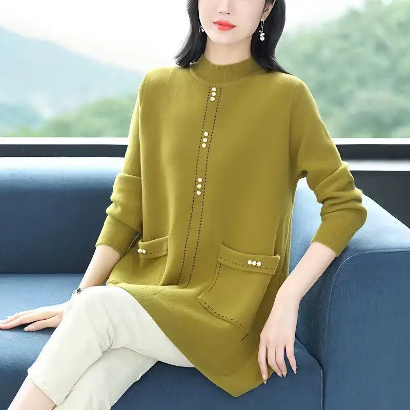 Middle-aged Mother Knitted Dress Autumn New Thick Long Sweater For Women Loose Warm Basic Knitted Pullover Jumper Femme Q567