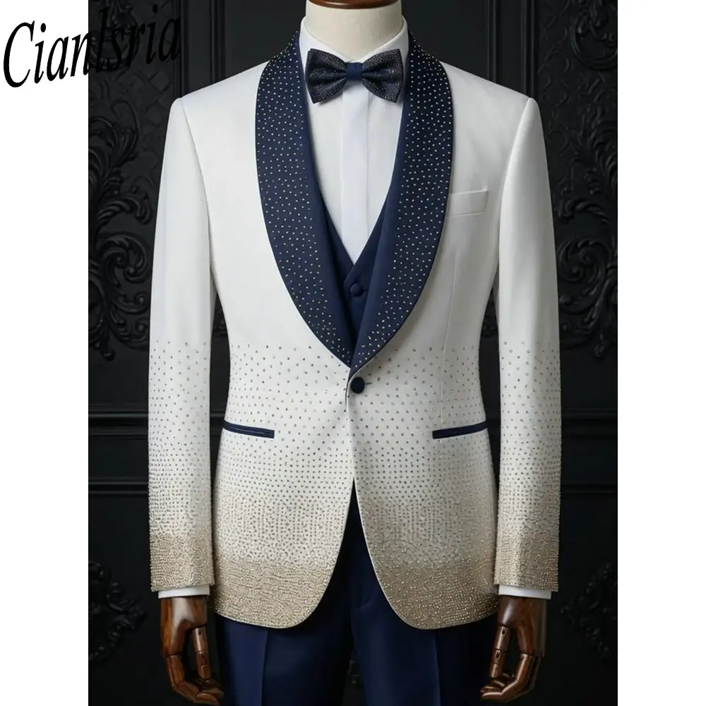 Men's White Suit with Navy Blue Lapel and Silver Rhinestone Gradient Embellishment Slim Fit Tuxedo Blazer for Wedding Party Prom