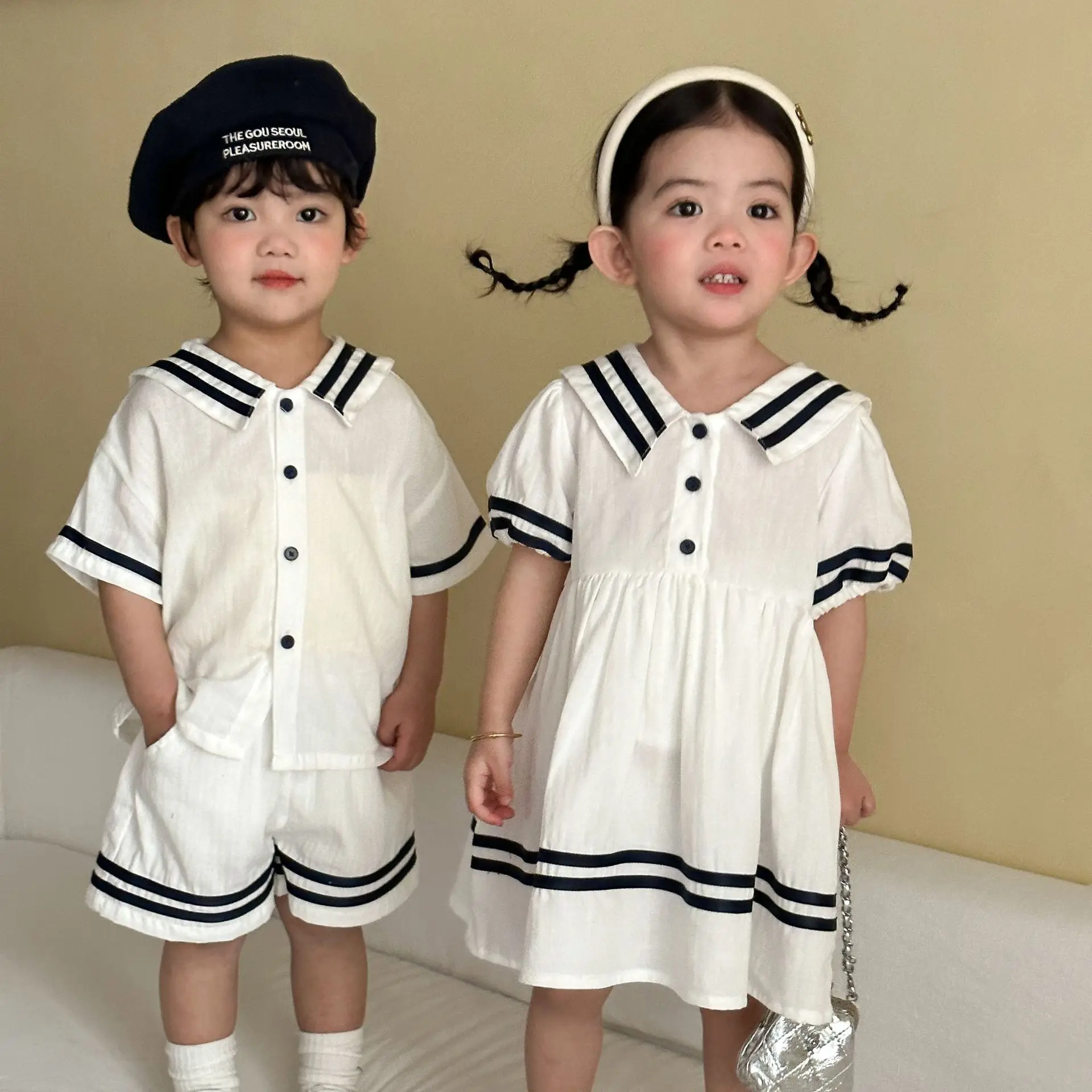 Children's Summer Suit Cotton Boys Naval Wind Academy 2026 New Baby Girls Dress Brother and Sister Summer