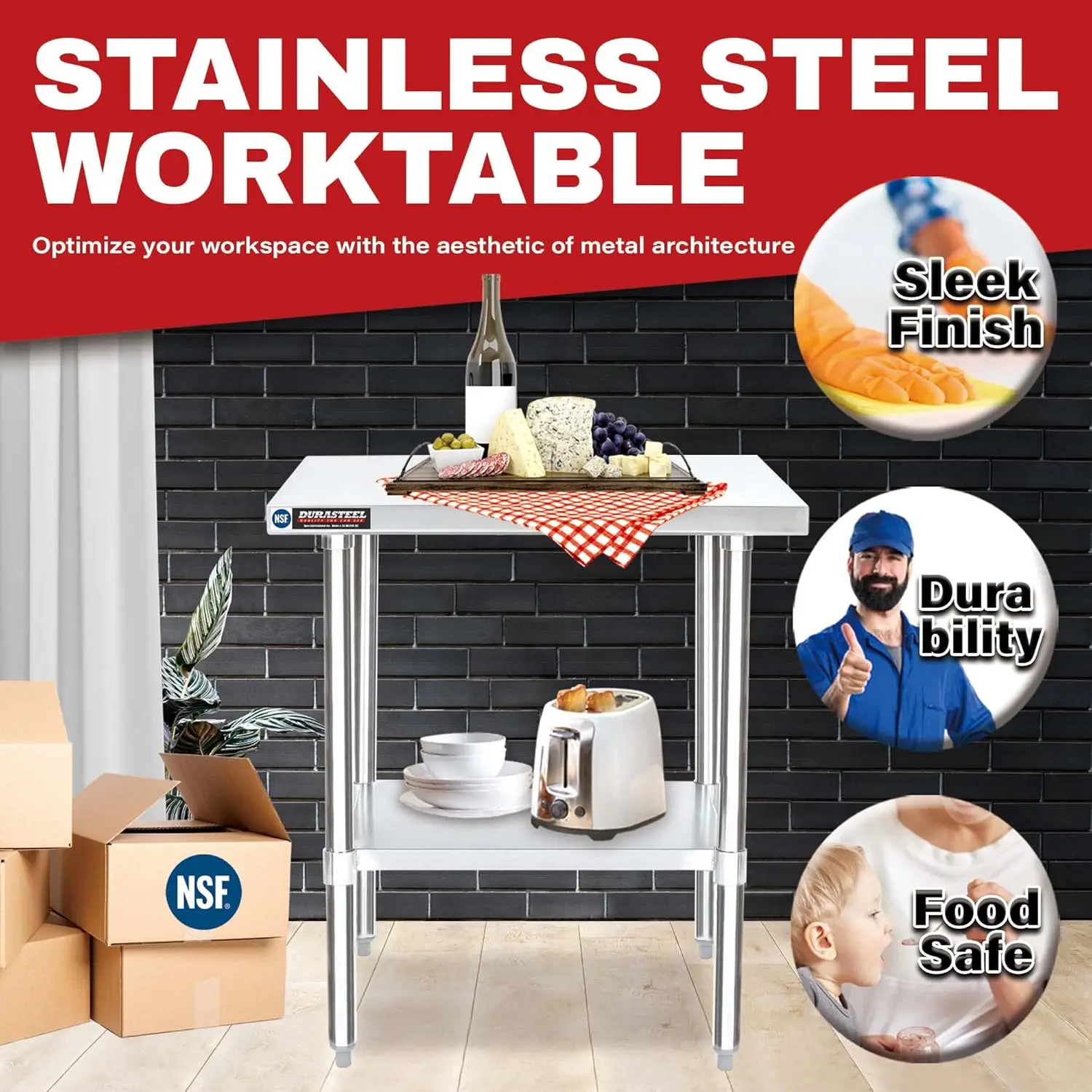 Prep roestvrijstalen tafel - DuraSteel 30 x 36 inch commerciële metalen werkbank met verstelbare onderplank - NSF-gecertificeerd - voor