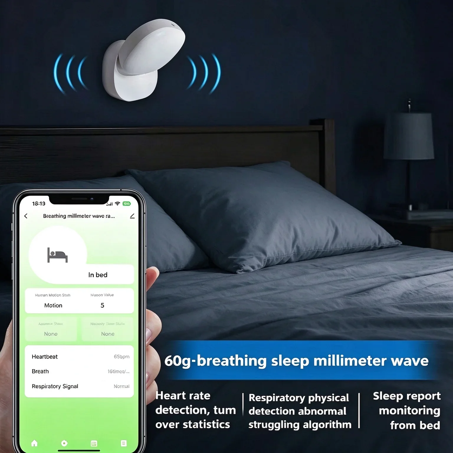 Smart WiFi 60GHz Millimeter Wave Radar Sensor Sleep Heart Rate Human Presence Monitor Real-time Monitoring APP Alerts