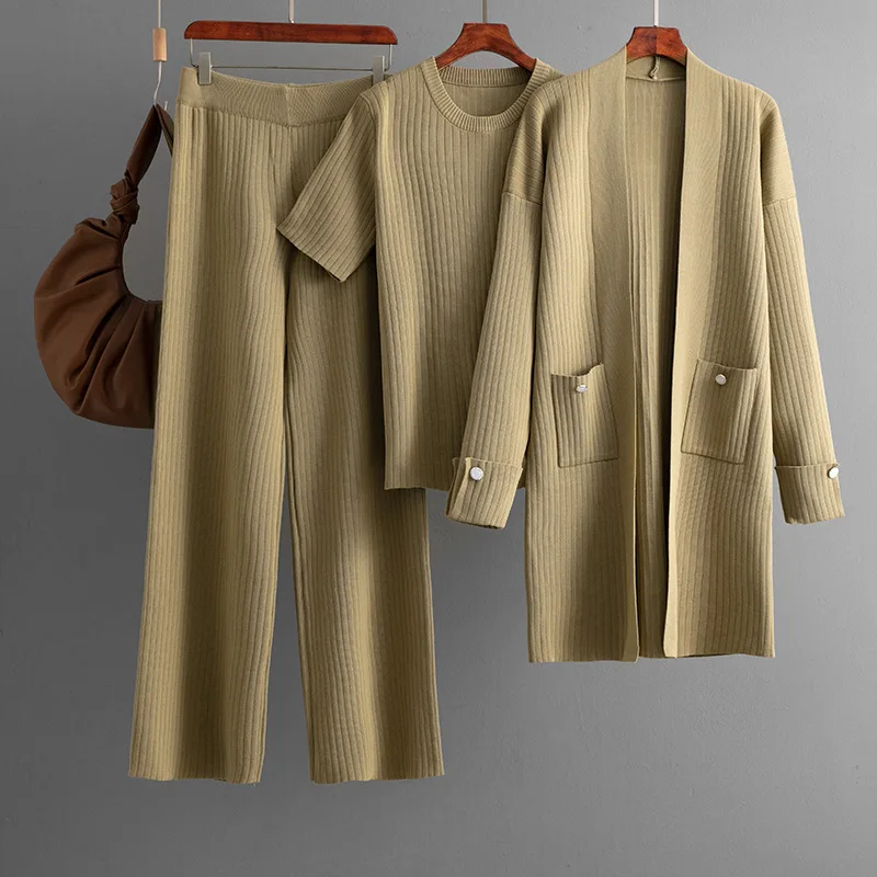 

Elegant Knitted 3 Piece Sets Women Solid Short Sleeve Tops Korean Style Knitwears Cardigan High Waist Wide Leg Pants Outfit B807
