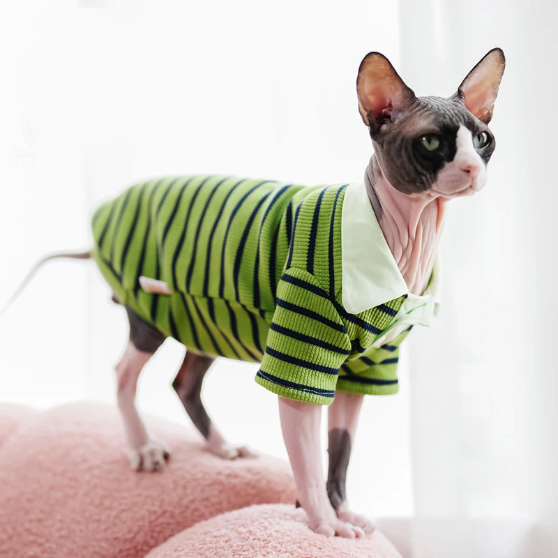 Summer Spring Outwear Cat Clothing Green Stripped Coat For Sphynx Cotton Vest Hairless Cat Soft T-Shirt Kittens Coat