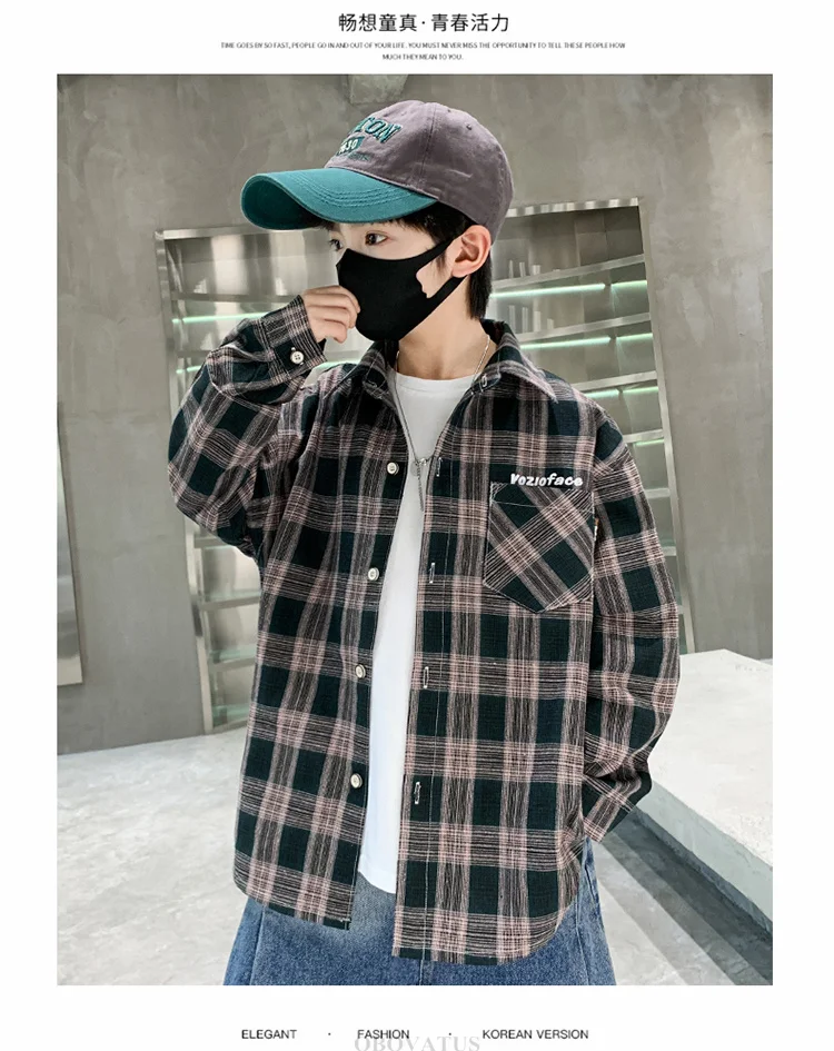 Frühlings-Herbst-Jungenhemd mit Karomuster und Tasche, Langarm, Koreanischer Casual-Stil, Baumwollbluse für größere Kinder, Coole Streetwear für Kinder – Detail 14