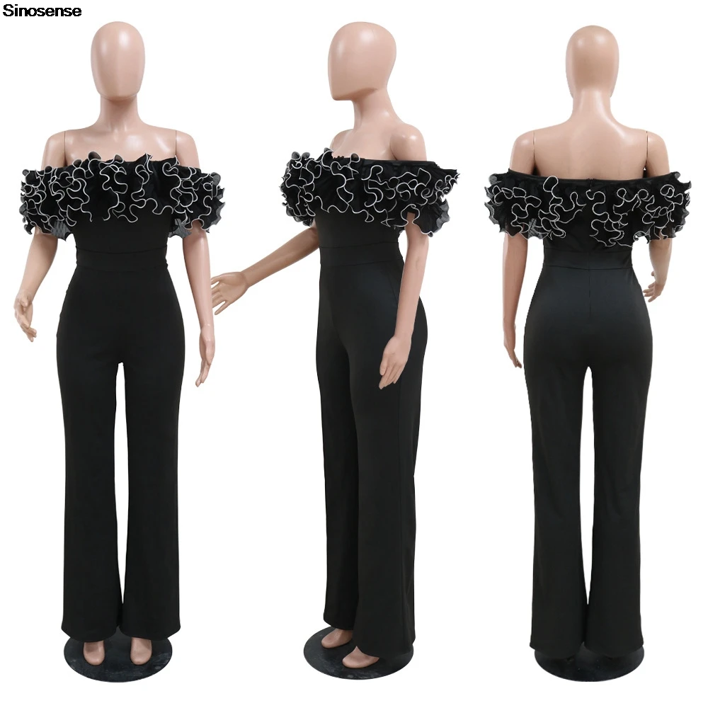 Eleganckie kombinezony damskie Sexy Off Shoulder Ruffle Wide Leg Long Pants One Piece Rompers Bodycon Night Out Club Party Outfits