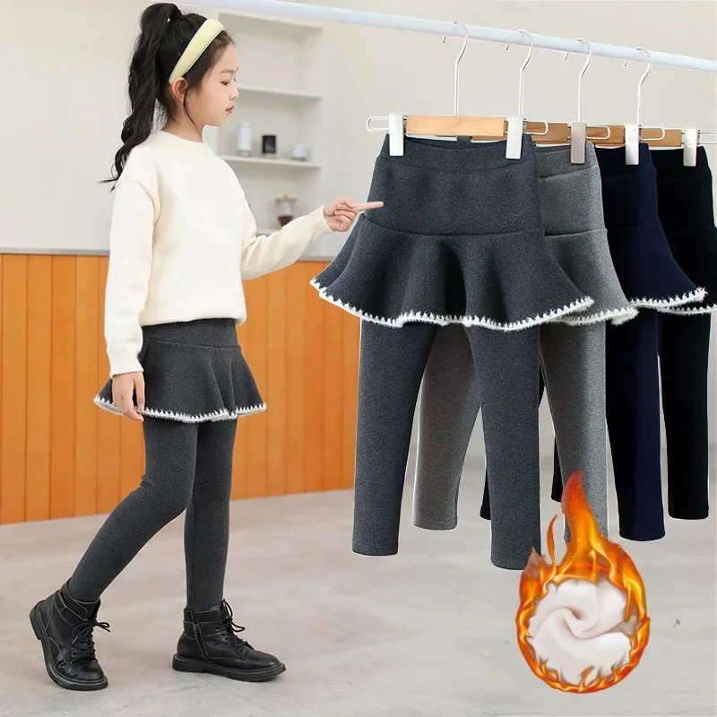 Winter Girl Clothes 3-10Y Kids Leggings Fake Two Piece Skirt Pants Warm Fleece Lined Cotton Solid Color Thickened Trousers