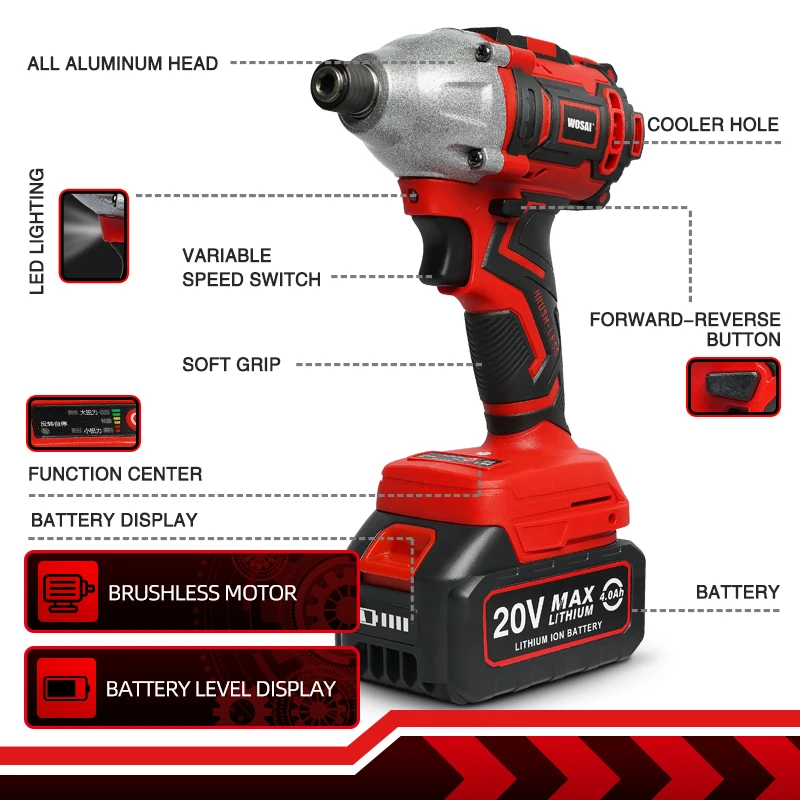 WOSAI MT Series 300Nm Brushless Screwdriver Electric Drill Cordless Screwdriver 20V Impact Driver Lithium-Ion Battery Power Tool